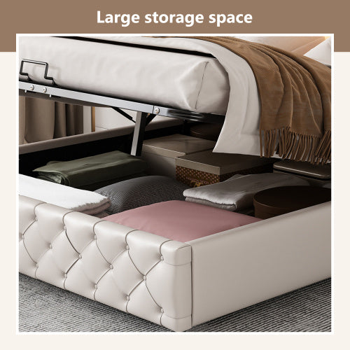 UK Local Upholstered Bed 150 X 200 Cm Functional Bed With Slatted Frame And Storage Space, LED Lighting In Different Colors, White, PU