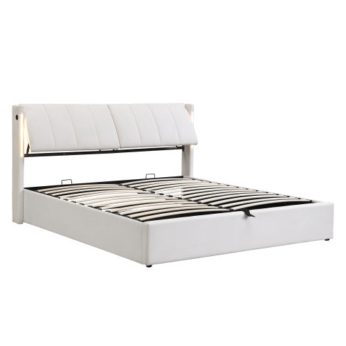 UK Local LED Upholstered Bed ,King Size Bed-5ft150x200cm, Hydraulic Bed, Rechargeable USB Port In Bed, With LED Lighting, With Storage Space, Adjustable Headboard, PU , White