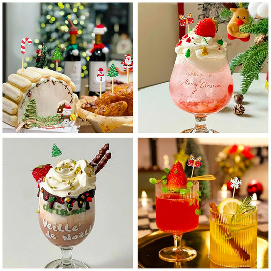 US Local Christmas Cocktail Pick Xmas Tree Snowflake Snowman Santa Claus Reindeer Pattern Sticks Cupcake Fruit Food Appetizer Skewers 4.9 In Bamboo Toothpicks For Christmas Holiday Party Favor Supplies