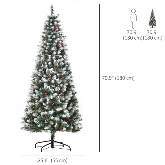 CA Local 6 ft Decorated Christmas Tree With Red Berries And Pine Cones, Flocked Christmas Tree With Pencil Shape, Green