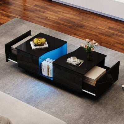 UK Local Led Coffee Table With 2 Drawer Storage, High Gloss Coffee Table For Living Room Unique Shape Centre Table With 16-Color Led Lights,End Table For Home Office Furniture, Black