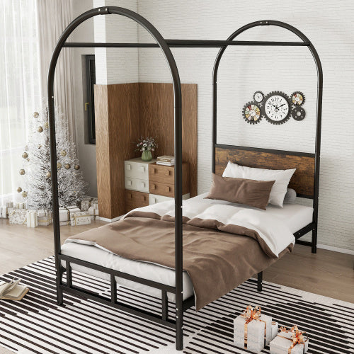 UK Local Metal Bed, 3FT Single Bed 90x190cm, Durable And Sturdy, Canopy Twin Bed, Iron Bed For Adults Teenagers, Blackwood Color Bed Frame Only, Drape Not Included