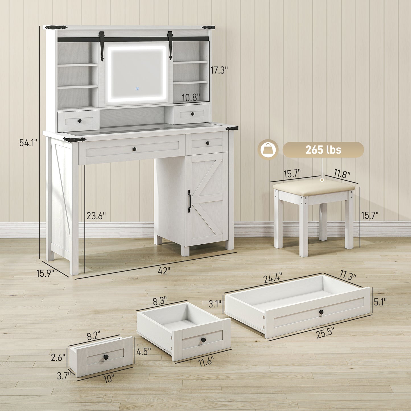 US Local Vanity Desk Set With Mirror And Lights, Cushioned Stool, Storage Drawer, Cabinet, Shelves For Bedroom, White