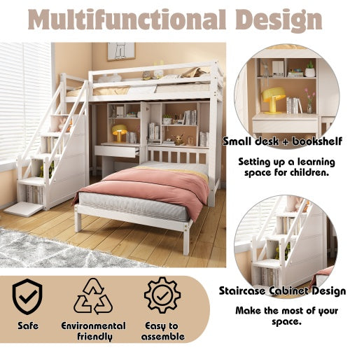 UK Local Wood House Bunk Bed 90x190 Cm,Bunk Bed, Double Bed, Multifunctional Children's Bed, Storage Space Function, With Desk And Shelves, With Slatted Frame, White