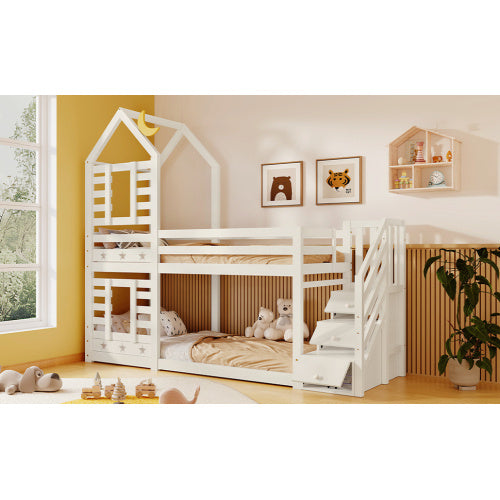 UK Local Bunk Bed Storage Children Cabin Bed Single Bed With Window For Kids, Twin Sleeper 190x90 Cm, Solid Pine Wood,3FT -White