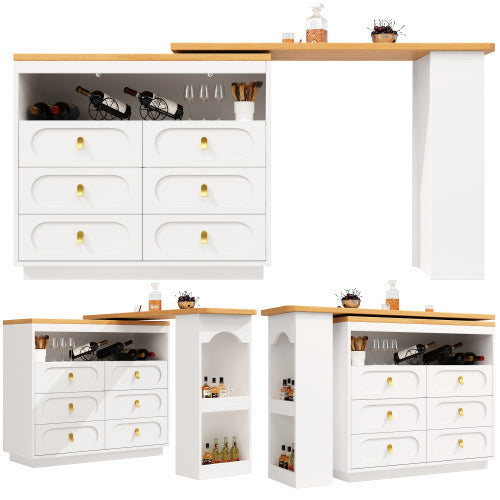 UK Local 360 Rotating Bar Table Main Body 137 X 39 X 90 Cm, Coffee Bar Furniture, Rotating Dining Bar With Storage, Kitchen Island, With Spice Rack, Six Drawers, Open Storage Space, White