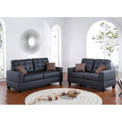 USA Local Living Room Furniture 2pc Sofa Set Black Faux Leather Tufted Sofa Loveseat W Pillows Cushion Couch
