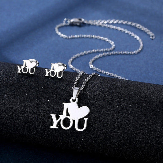 Stainless Steel Necklace Ear Stud Combination Suit