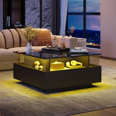 UK Local Coffee Table With Storage For Living Room, Modern LED Coffee Table, Square Tea Table With 2 Sliding Drawers Wood Center Table Acrylic Glass Coffee Table