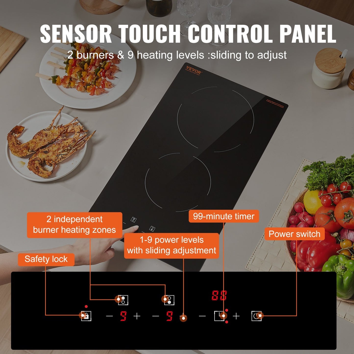 US Local VEVOR Built In Electric Stove Top, 20 X 11.6 Inch 2 Burners, 240V Glass Radiant Cooktop With Sensor Touch Control, Timer & Child Lock Included, 9 Power Levels For Simmer Steam Slow Cook Fry