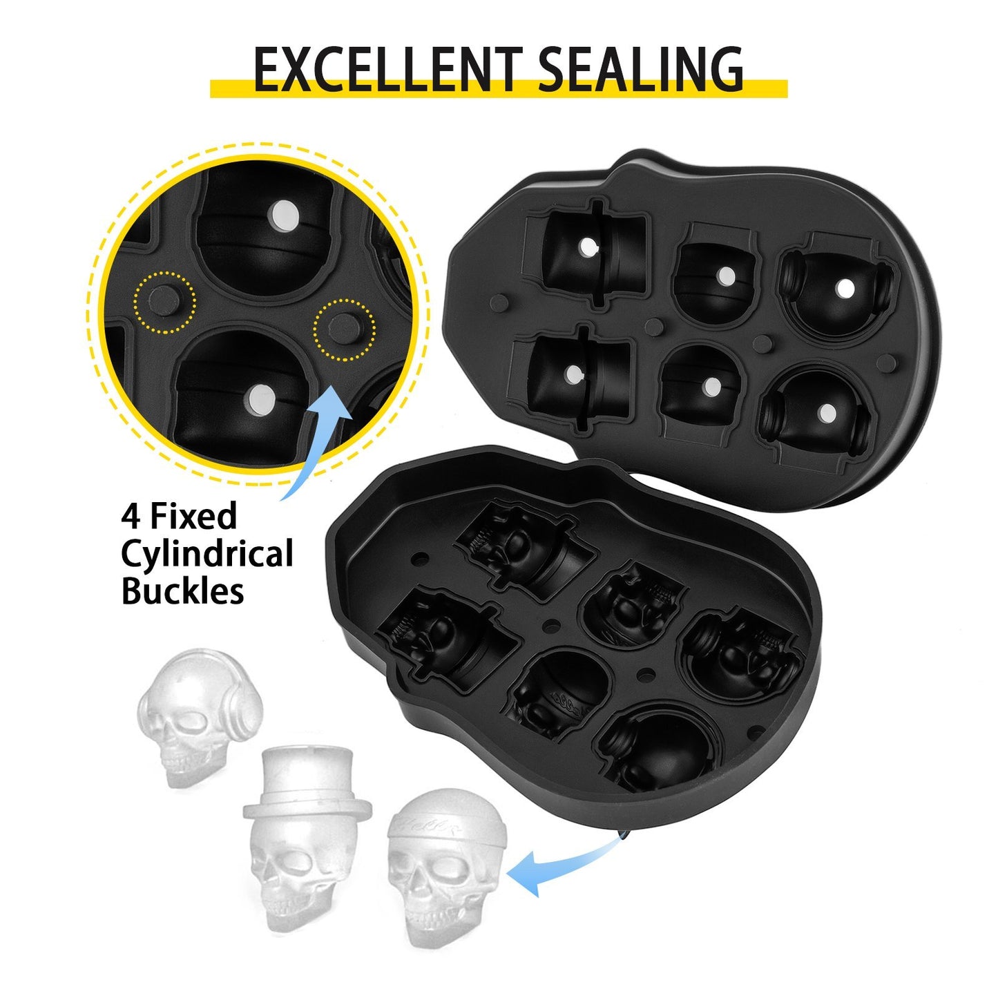 Skull Ice Cube Tray, 6-Grid Skull Ice Ball Maker, Flexible Black Silicone Ice Tray With Lid & Funnel, Skull Ice Cubes In 3 Distinct Patterns For Beverages & Chocolates On Parties & Holidays