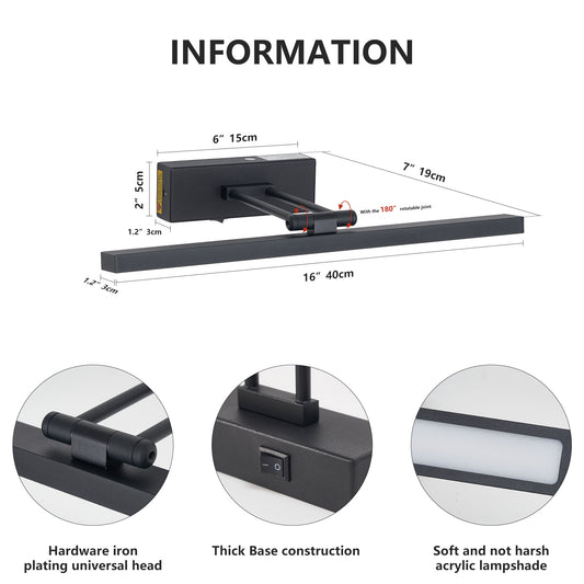 US Local Picture Light Battery Operated With Remote, LED Black Art Lights For Paintings Rechargeable Dimmable And Timer, 16in Wall Sconce For Art Painting Gallery Adjustable Swing Arm For Display