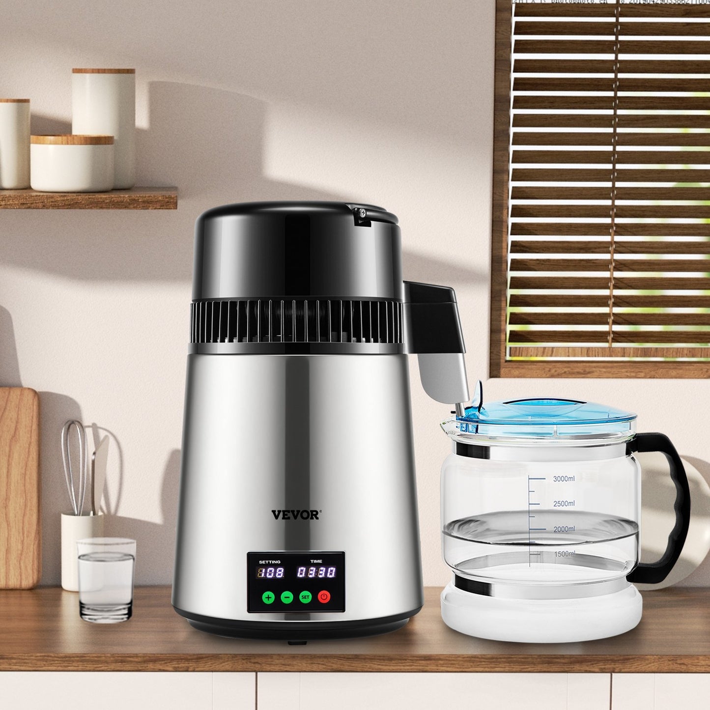 US Local 1.1 Gal Water Distiller, 0.3 Gal H, 750W Distilled Water Maker Machine 0-99H Timing Set Temp Display, 304 Stainless Steel Countertop Distiller Glass Carafe Cleaning Powder 3 Carbon Packs, Silver
