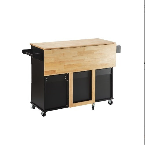 US Local Kitchen Island And Kitchen Trolley, Mobile Kite Island, With Extendable Rubberwood Tabletop, Adjustable Cabinet Shelves