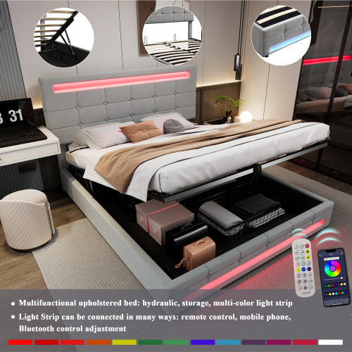 UK Local Upholstered Bed, Hydraulic Bed, Adults Teenagers 4ft6 Double Bed 135x190cm, Square Embellishment, With 7colors LED-light Strips, Velvet Iron, Grey