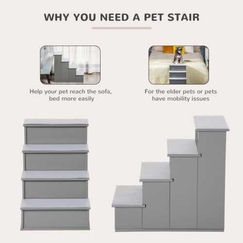 UK Local PawHut 4 Step Wooden Dog Steps Pet Stairs For Dogs, Cat Ladder For Bed Couch With Non-Slip Carpet 40 X 59 X 54.2 Cm, Grey