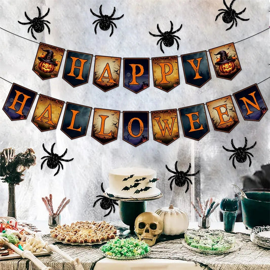 US Local Happy Halloween Banner And Hanging Spider Garland Trick Or Treat Banner Sign Happy Halloween Paper Banner For Halloween Party Decorations