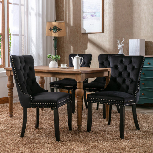 UK Local Modern Set Of 4 Upholstered Velvet Dining Chairs, Button Tufted Kitchen Lounge Chairs With Solid Wood Legs, Riveted Trim And Knocker Ring, For Dining Room Living Room,