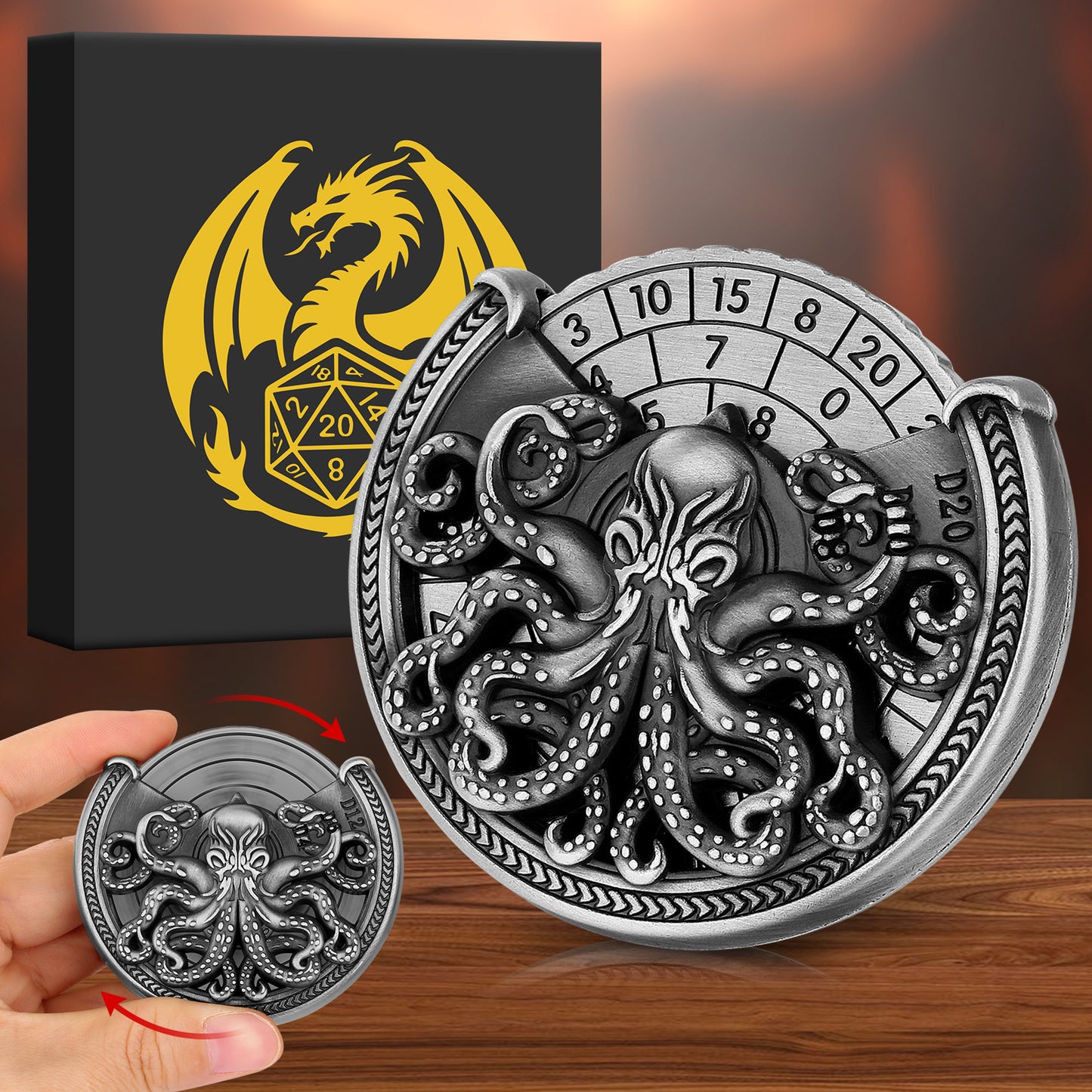 US Local Vintage Kesulu Style, Super Refined Metal Octopus Dice Turntable Gift Box, Immersive Board Game Experience, D20 Random Surprise, Necessary Props For D&D Team