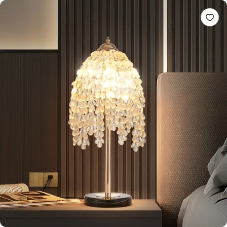 US Local 19 Elegant Crystal Table Lamp Vintage Waterfall Design With Teardrop Grape Crystal Bead String Shades And Marble Textured Base For Living Room, Bedroom, Or Office Bulb Not Included
