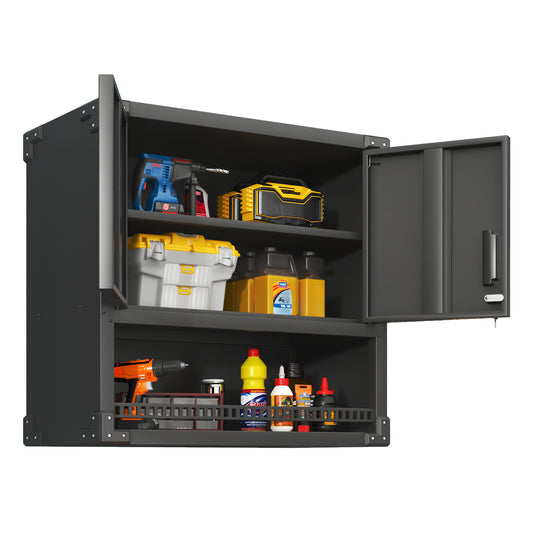 US Local Metal Wall-Mounted Tool Storage Cabinet With Locking Door And 1 Shelf 1 Opened Drawer For Garage Warehouse,Office,Assembly Required