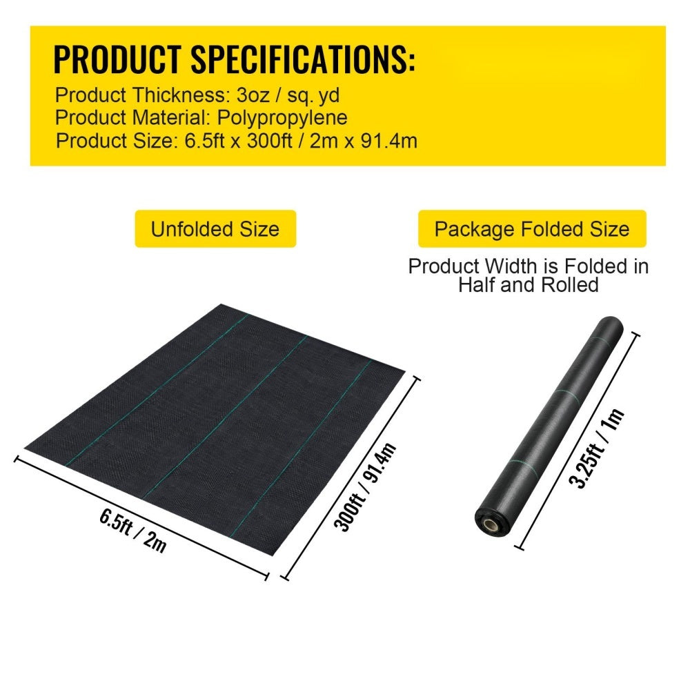 US Local VEVOR 6.5FTx300FT Premium Weed Barrier Fabric Heavy Duty 3OZ, Woven Weed Control Fabric, High Permeability Good For Flower Bed, Geotextile Fabric For Underlayment, Polyethylene Ground Cover