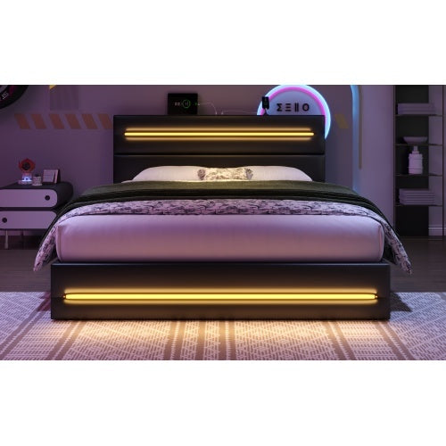 UK Local 4ft6 Double Upholstered Bed Frame With Hydraulic Storage, PU Ottoman Bed With LED Lighting And Charging Station, LED Adjustable Headboard With USB And Type - C Ports, Black