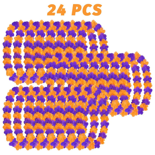 US Local 24 Pcs Halloween Leis Hawaiian Leis Necklace Tropical Flower Lei Floral Luau Party Decorations Orange Purple Dance Garland Headbands Photo Booth Photo Props For Halloween Birthday Trick Or Treat Party