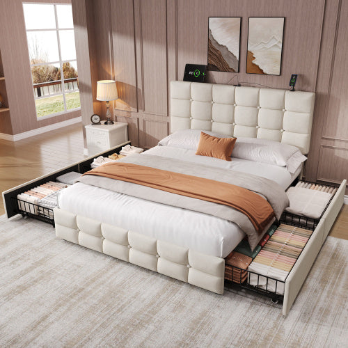 UK Local 4ft6 Double Upholstered Bed With 4 Storage Drawers, Velvet Bed Frame With Charging Station. Adjustable Button Tufted Headboard With USB And Type - C Ports, No Box Spring Needed, Grey No Mattress