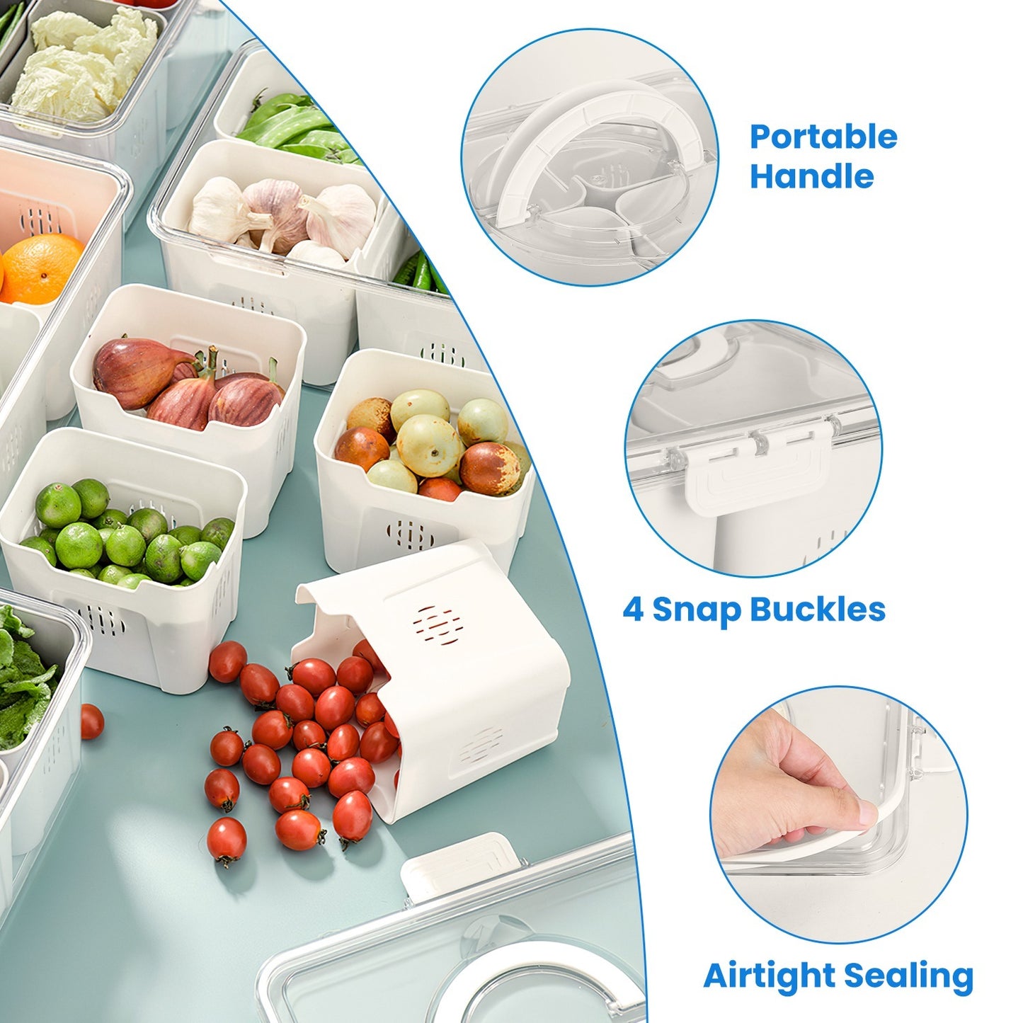 US Local 2Pack Airtight Fruit Storage Containers 4 Compartment Food Storage Containers Fruit Vegetable Organizers With 8 Removable Colanders For Fridge Picnic