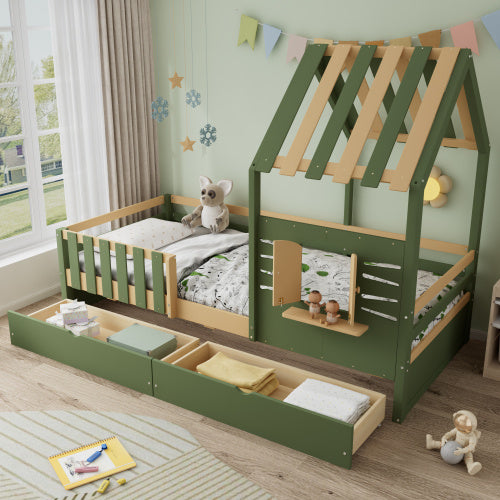 UK Local Wooden Bed, Children S Bed, 3ft Single Bed 90x190cm, MDF Pinewood Plywood, Two Storage Drawers, Roof Shape With A Window, Green Natural