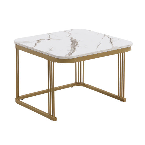 UK Local Nestable Coffee Table High Gloss Marble Exterior, Gold Accents, Side Table With Drawer. Set Of Two