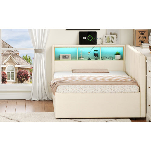 UK Local 3ft Single Daybed With Two Storage Drawers, LED Modern Bed Frame With Charging Station, Linen Sofa Bed For Living Room Bedroom Study Room, 90X190cm, Easy Assembly, Beige