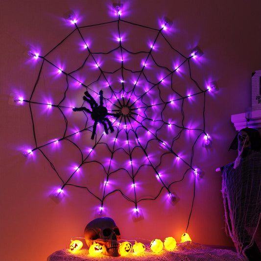 US Local 3.28FT Spider Web Light With Hairy Spider 70LED Battery Powered Remote Control 8 Lighting Modes Glowing Outdoor Indoor Wall Halloween Decoration