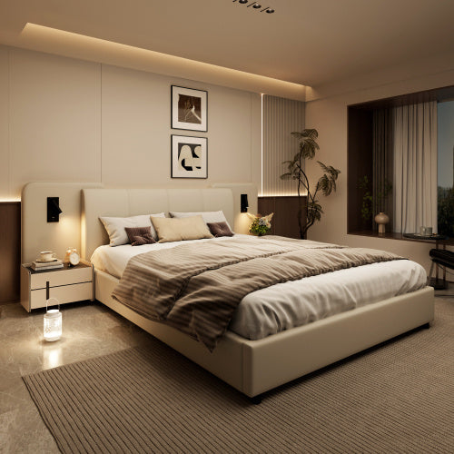 UK Local Upholstered Bed, With Charging Port And Lighting, 4ft6 Double Bed 135x190cm, Soft Sponge Headboard Backrest, Anti-collision Sponge Filling, PU Plywood,