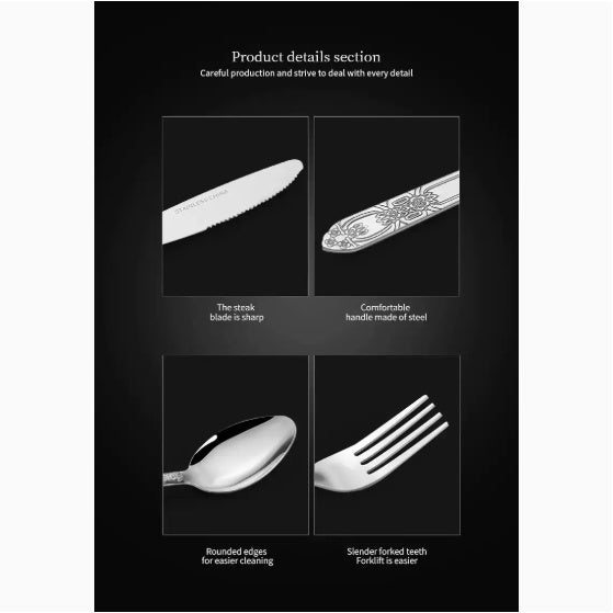 Product Name Deluxe Premium Cutlery Flatware Set For The Home Stainless Steel Cutlery Service With 1 Dinner Fork, 1 Dinner Knife, 1 Dinner Spoon And 1 Tea Spoon Durable, Elegant And Rust Resista