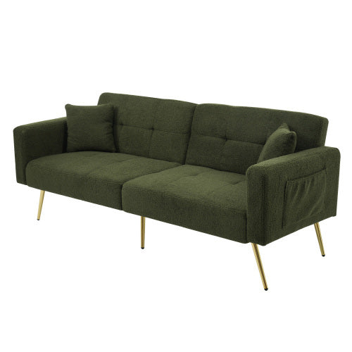UK Local The Sofa Bed Has A Bed Function, Three Adjustable Backrest Angles, Gold Legs, Cushions And Side Storage Pockets.