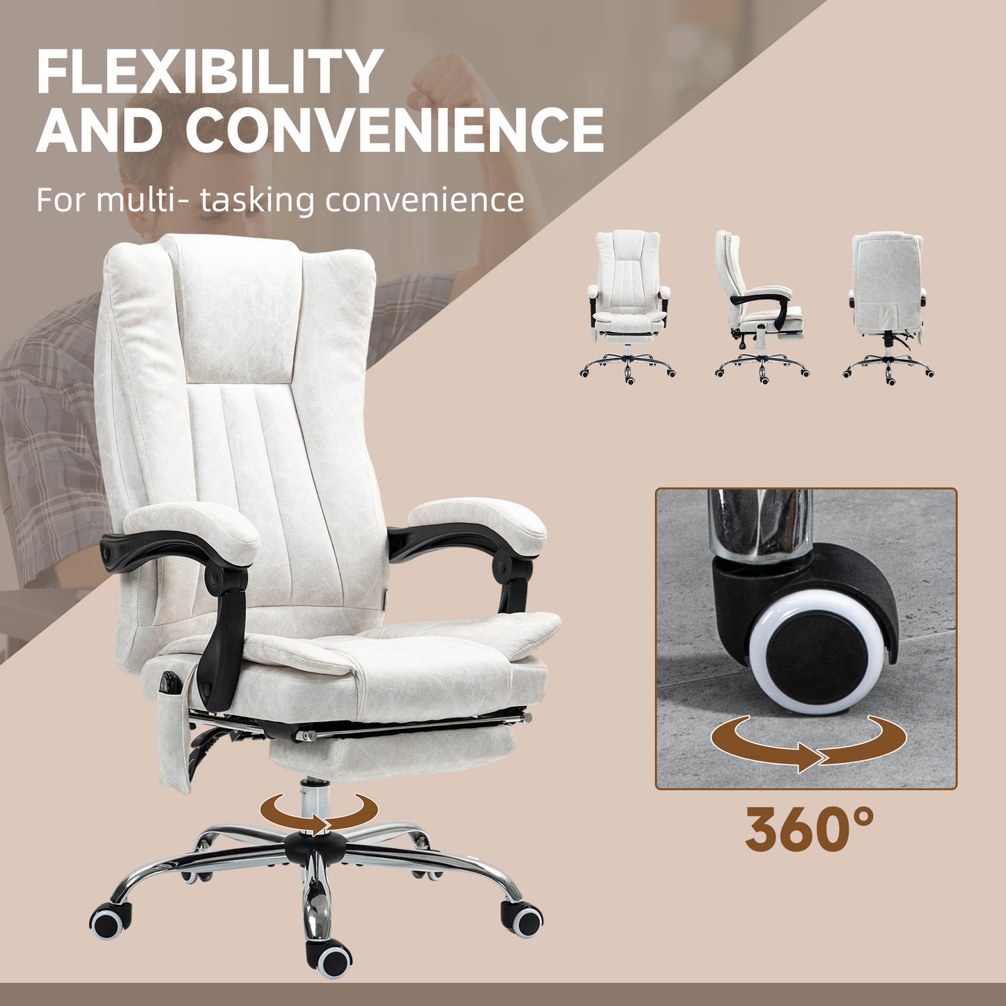 US Local Massage Office Chair With 6 Points And Heat, Reclining Computer Chair With Adjustable Height And Footrest, White