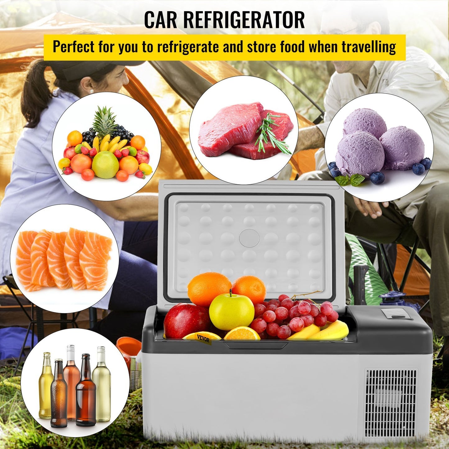 VEVOR 12 Volt Refrigerator 16 Qt, Portable Mini Car Fridge Cooling Range & App Contro DC & 110-240V AC Electric Compressor Cooler For Truck Vehicle RV Boat Outdoor & Home Use, Grey