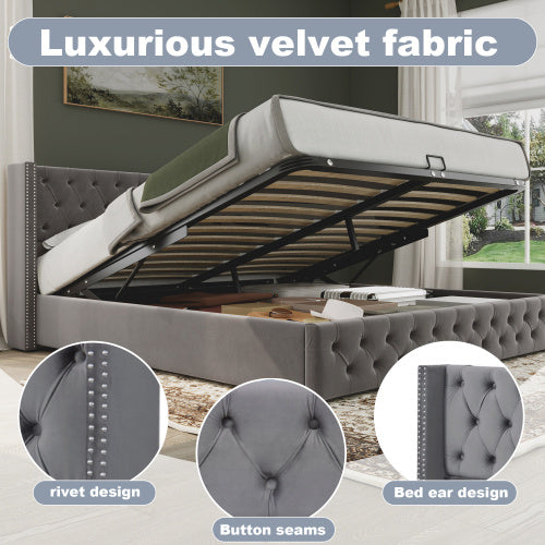 UK Local Upholstered Bed, With Hydraulic Lever, Functional Bed From Storage, 150 X 200 Cm, Without Mattress, Velvet, Gray