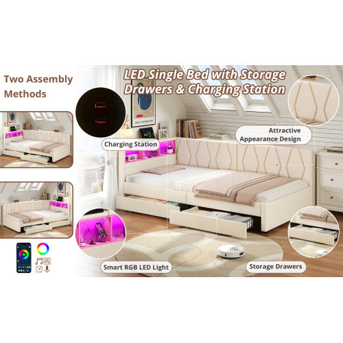 UK Local 3ft Single Daybed With Two Storage Drawers, LED Modern Bed Frame With Charging Station, Linen Sofa Bed For Living Room Bedroom Study Room, 90X190cm, Easy Assembly, Beige