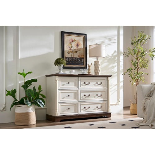 US Local Farmhouse Style 6 Drawer Dresser Chest With Base Wooden Rustic Chest Of Drawers, Storage Dresser Organizer For Bedroom, Living Room, Beautiful Sturdy And Durable