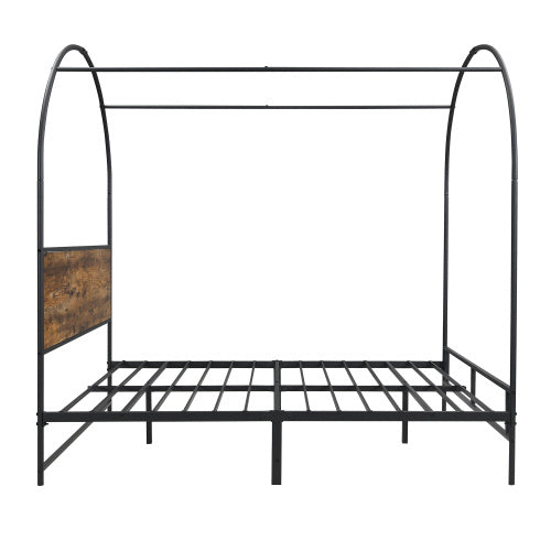 UK Local Metal Bed, 4ft6 Double Bed 135x190cm, Durable And Sturdy, Canopy Twin Bed, Iron Bed For Adults Teenagers, Black Wood Color Bed Frame Only Drape Not Included