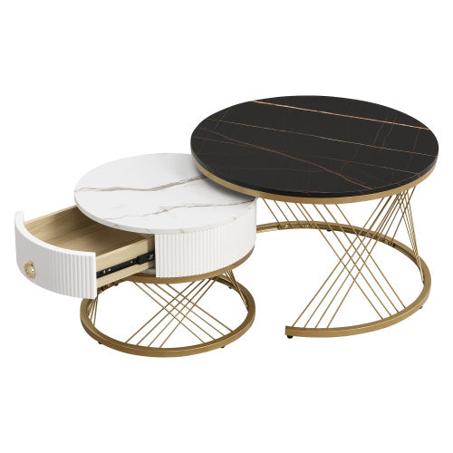 UK Local Elegant Nesting Coffee Table Marble Look Gold Decor,Side Table With Drawers Set Of 2
