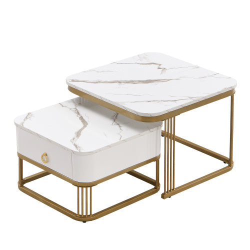 UK Local Nestable Coffee Table High Gloss Marble Exterior, Gold Accents, Side Table With Drawer. Set Of Two