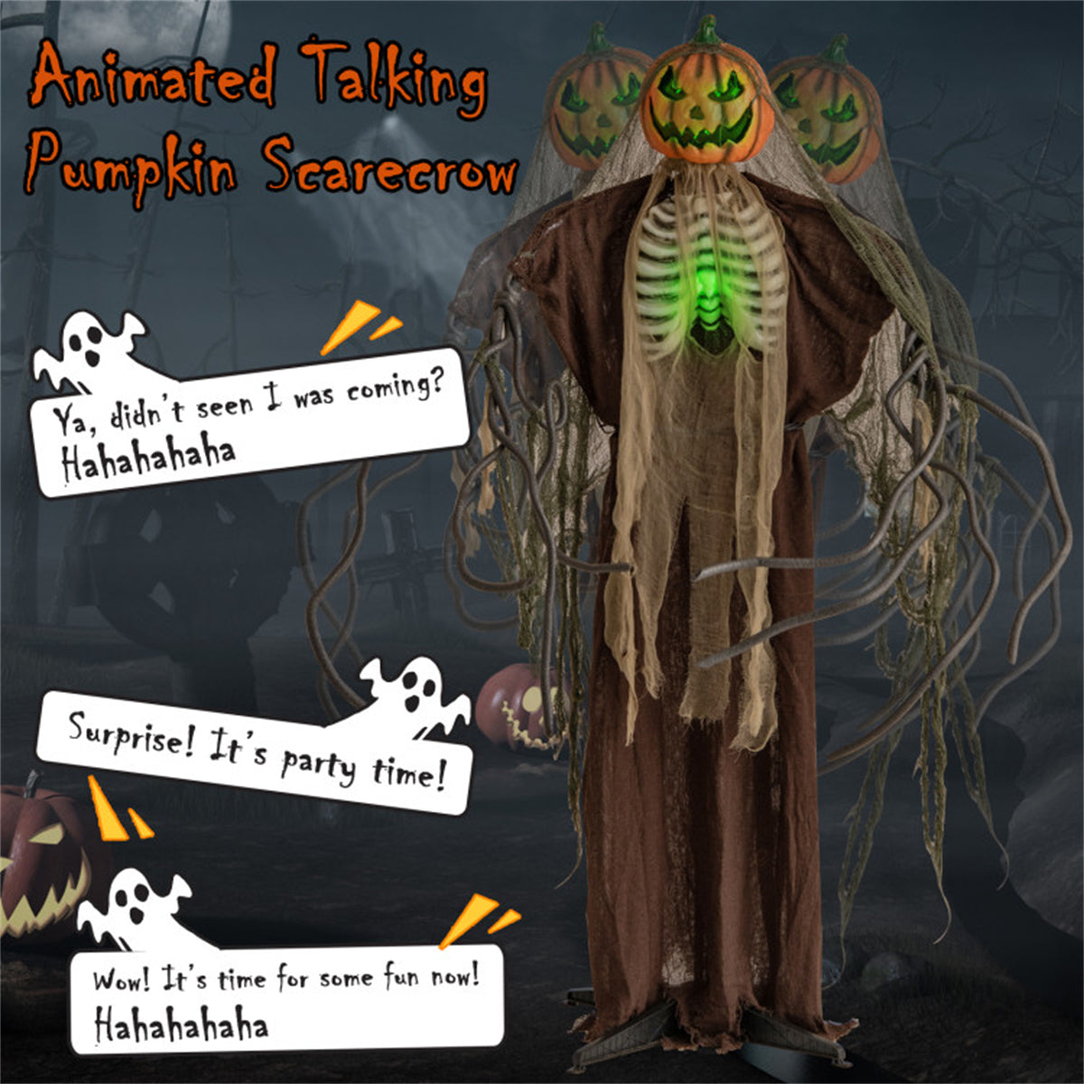 US Local 6ft Halloween Animatronic Ghost Pumpkin - Light-Up Design, Sound & Touch Activated, Spooky Movements & Voice for Indoor/Outdoor
