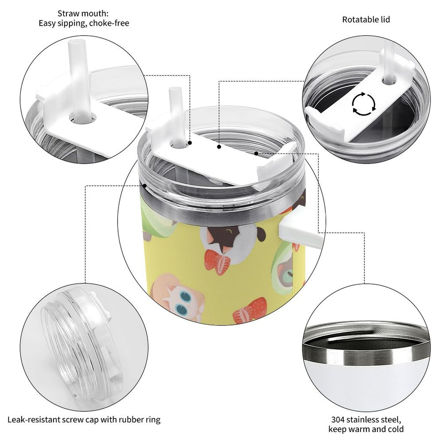 PHDT00260 POD US Local Tumbler 40 oz Large Capacity Car Cup Cat Dessert Cute Pink Green Black Yellow