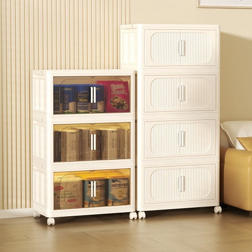 Cream White,19.69 Side Wide Folding Storage Cabinet ,5 Tiers,19.69x11.81x50.00,Collapsible Storage Bins With Magnetic Door, Plastic Storage Cabinet With Wheels