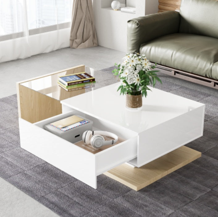 UK Local Coffee Table In High Gloss White And Wood Color Combination. Side Tables, Coffee Tables With Glass And LED