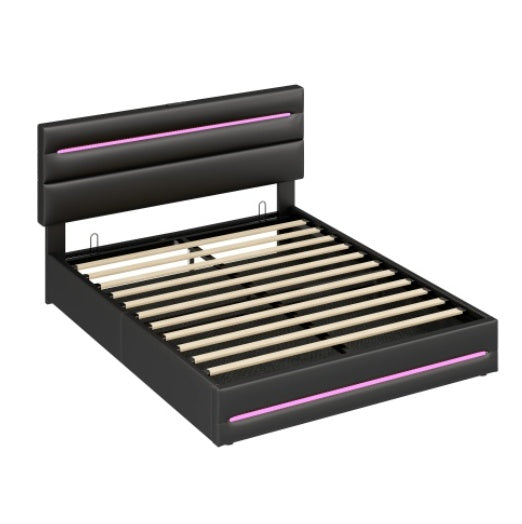 UK Local 4ft6 Double Upholstered Bed Frame With Hydraulic Storage, PU Ottoman Bed With LED Lighting And Charging Station, LED Adjustable Headboard With USB And Type - C Ports, Black